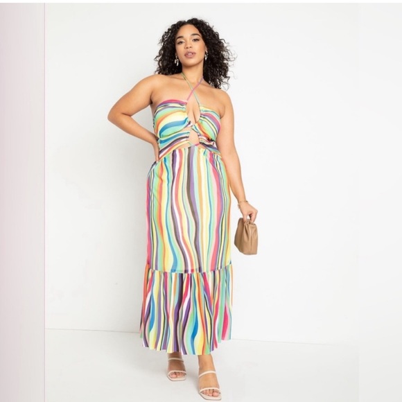 Eloquii Rainbow Striped Strappy Cut Out Maxi Dress - Picture 2 of 6